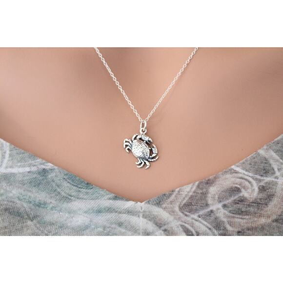 Sterling Silver Crab Necklace, Silver Crab Charm Necklace, Crab Charm Necklace - Picture 1 of 3